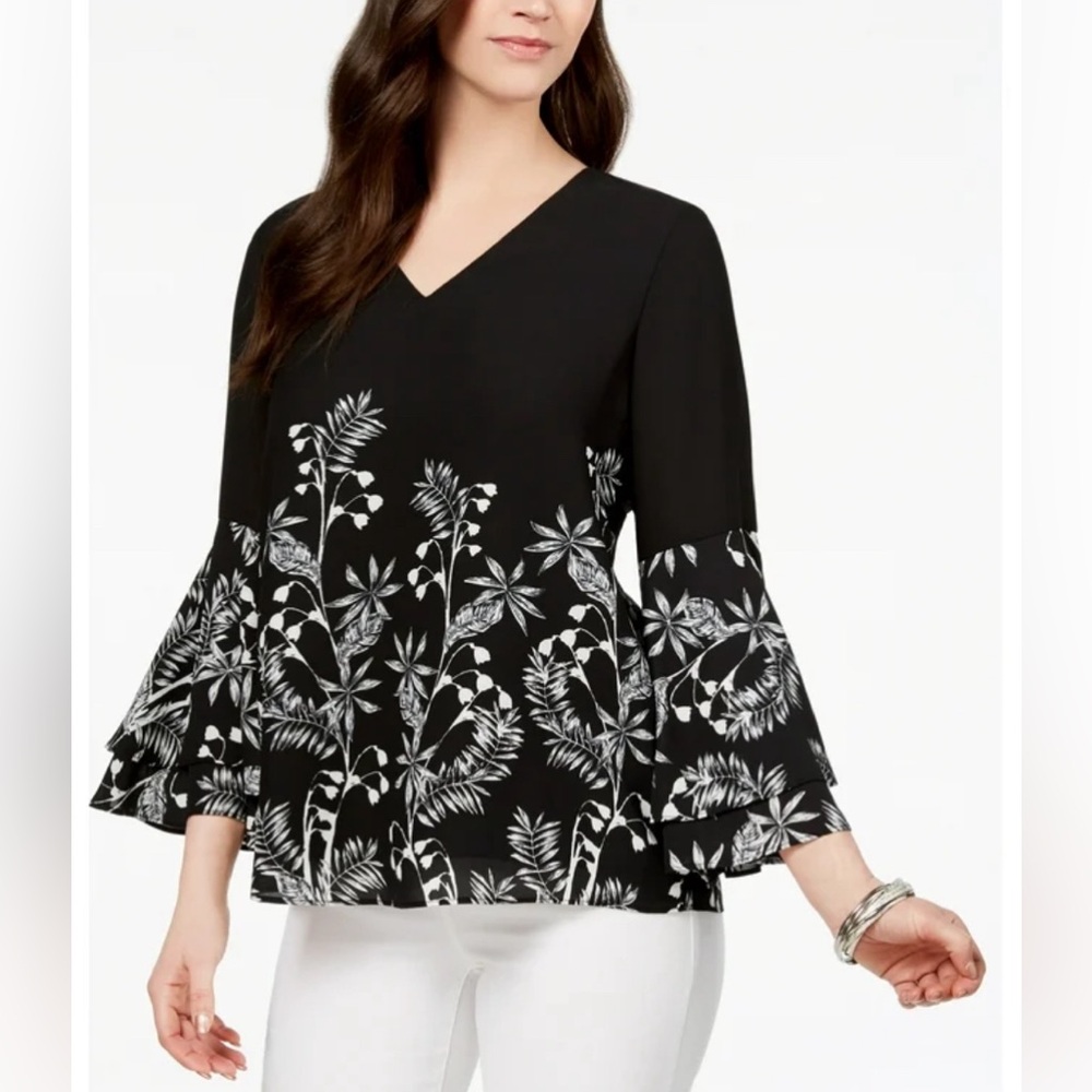 Alfani Printed V Neck Poet Sleeve Top Black‎ White